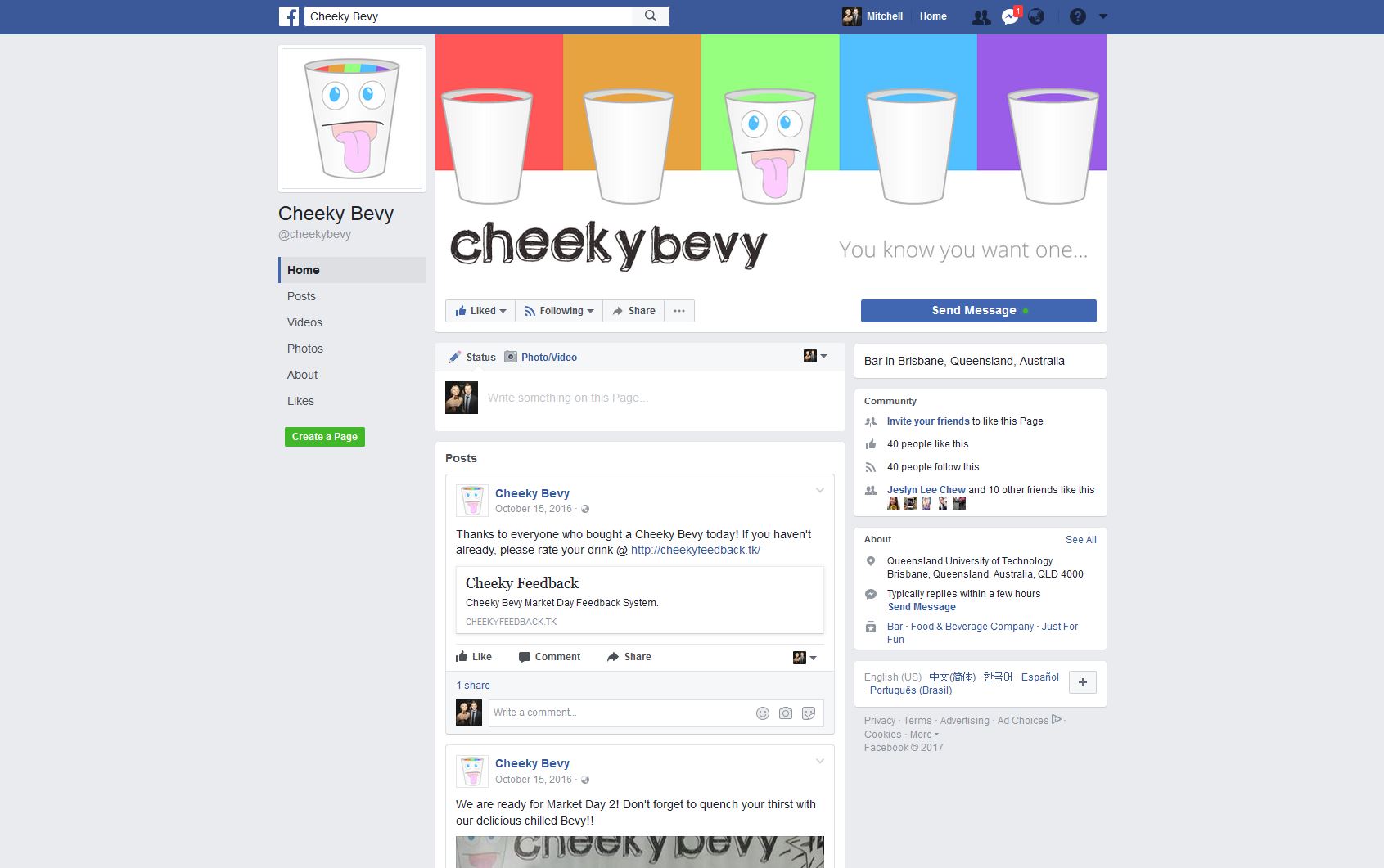 A screenshot of the Facebook page of Cheeky Bevy